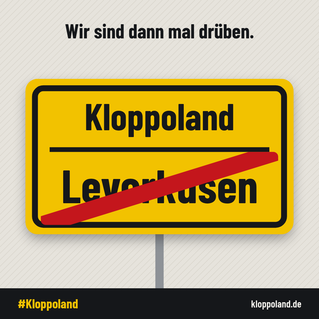 Kloppoland-Ortsschild Ortsausgang: Leverkusen rot durchgestrichen, darüber Kloppoland