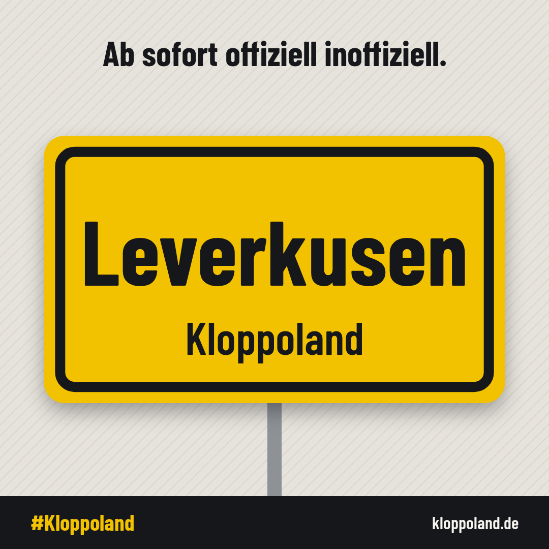 Kloppoland-Ortsschild Ortseingang Leverkusen, gelbe Ortstafel mit Stadtname und Kloppoland